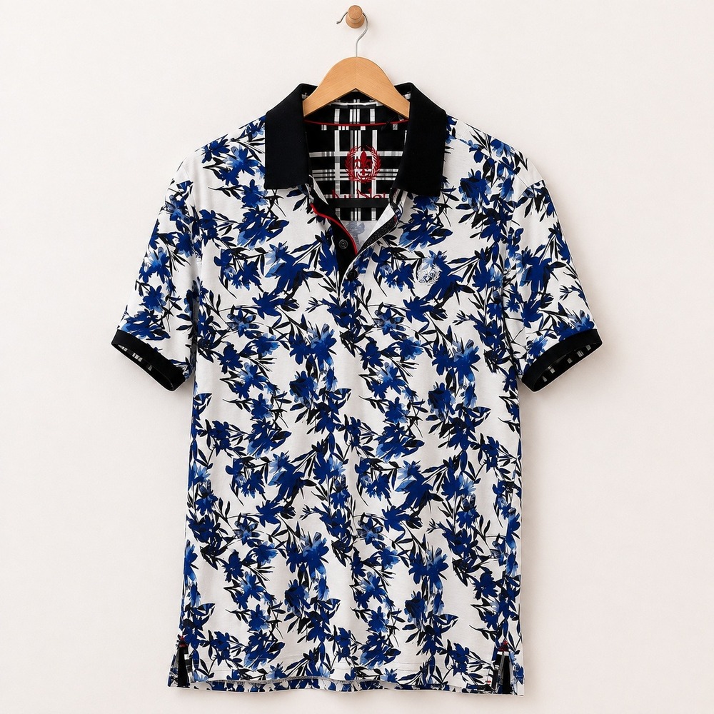 Au Noir Floral Polo Mens Resortcore Preppy Blue Botanical 100% Cotton medium 3